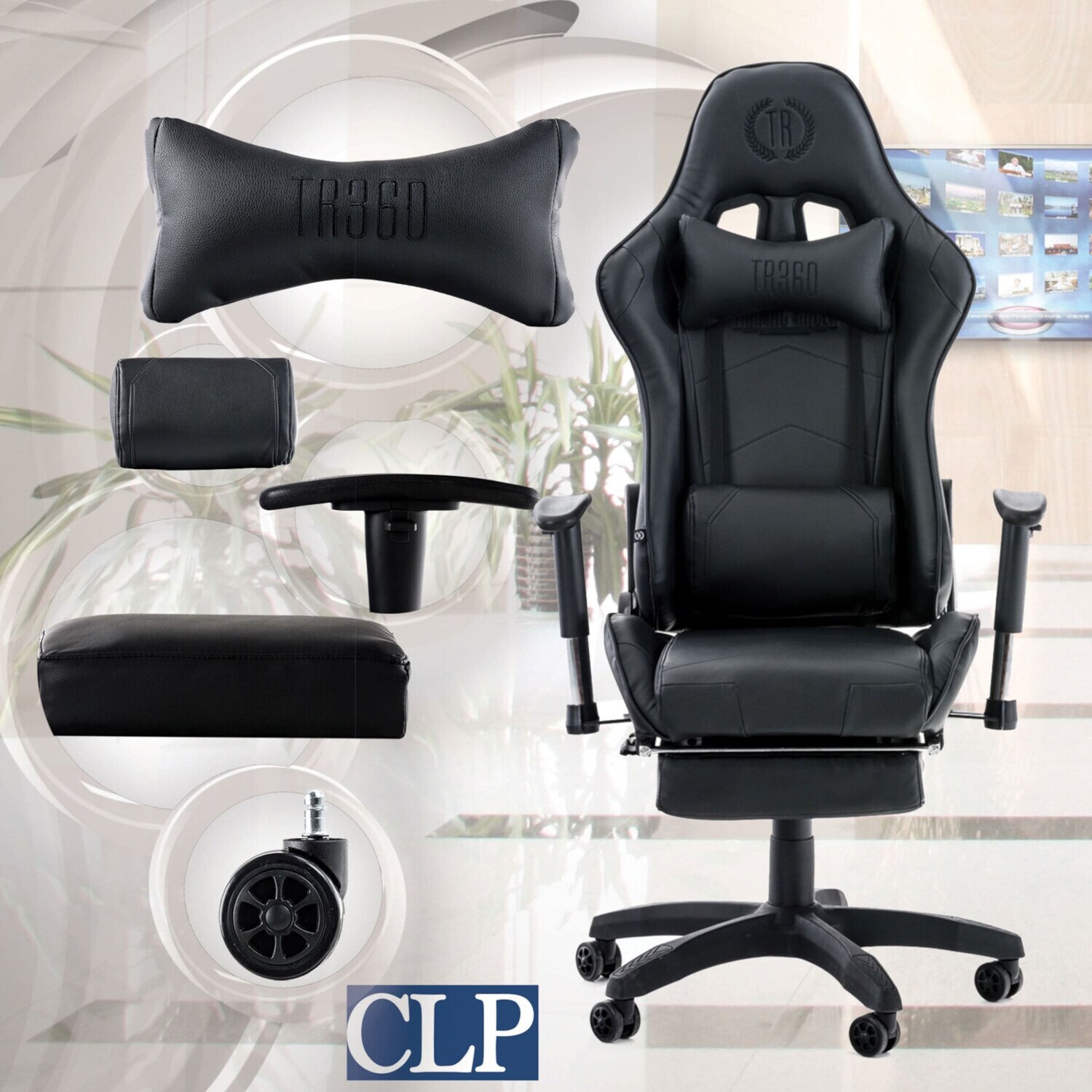 TPFLiving Racing Bürostuhl Turbine mit Fußablage Schwarz/Blau