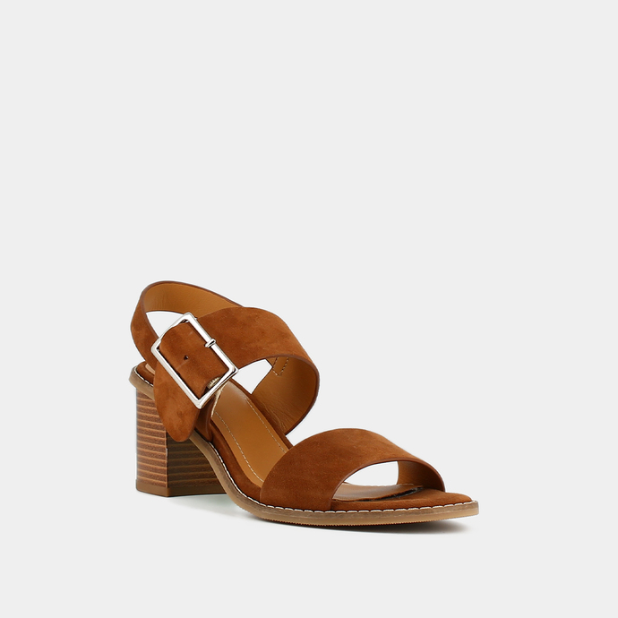 Sandales à talons et brides  en velours cognac