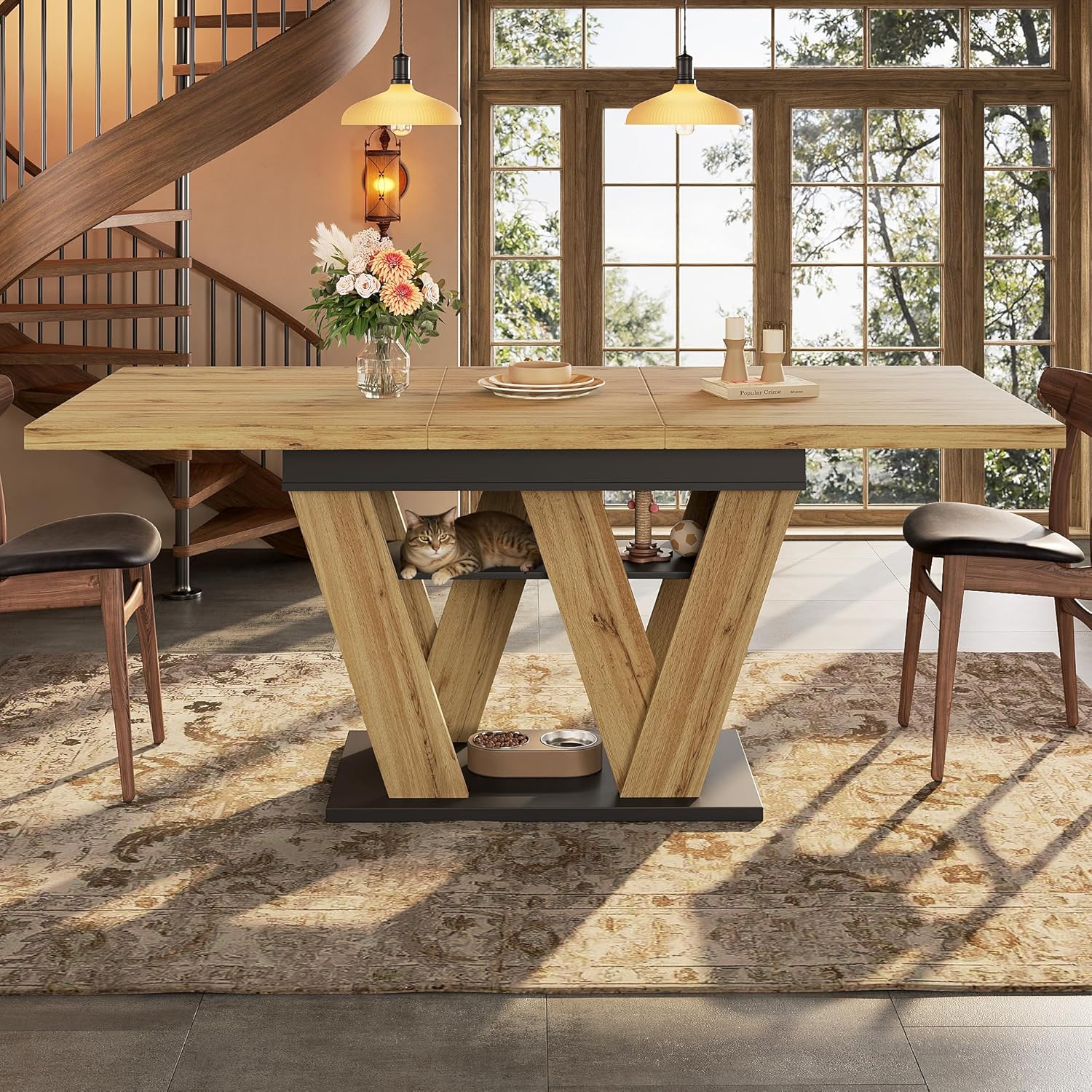 Esstisch Ausziehbar mit W-förmigen Beinen, Holz Tischplatte in Schwarz+Natur, 119-158.5x80 cm, Esszimmer Tisch Küchentisch mit Stauraumregal für 4-6 Personen, Esszimmertisch Rechteckige