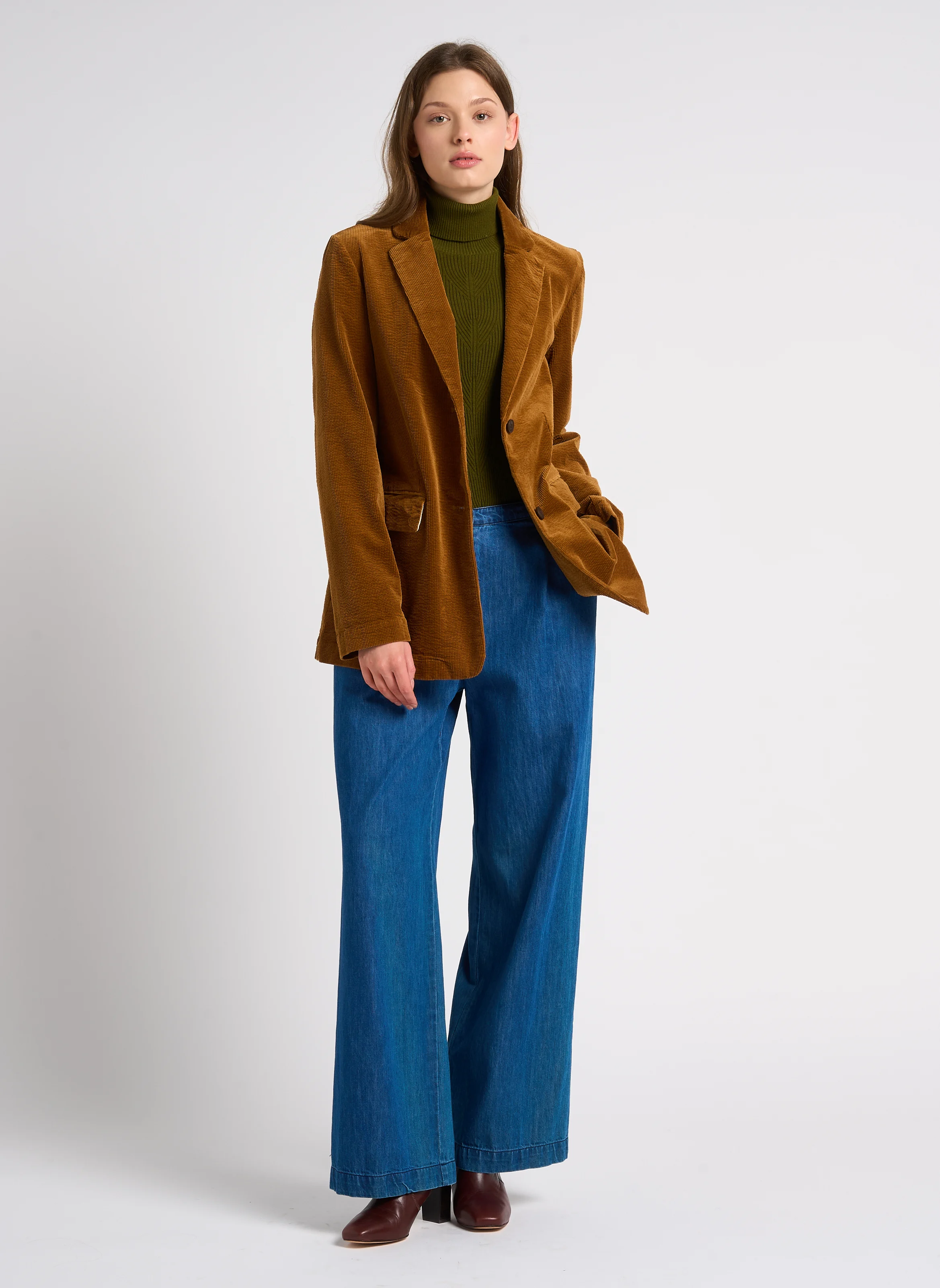 Blazer droit en coton velours| Marron