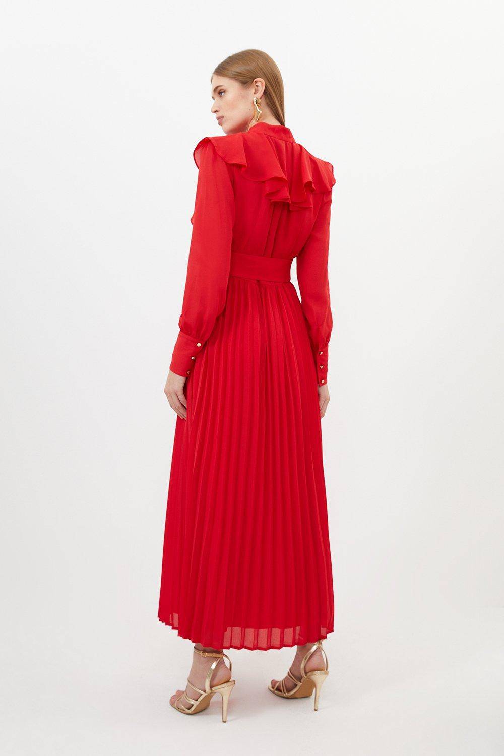 KarenMillen Robe Midi Tissée à Manches Longues en Georgette à Volants