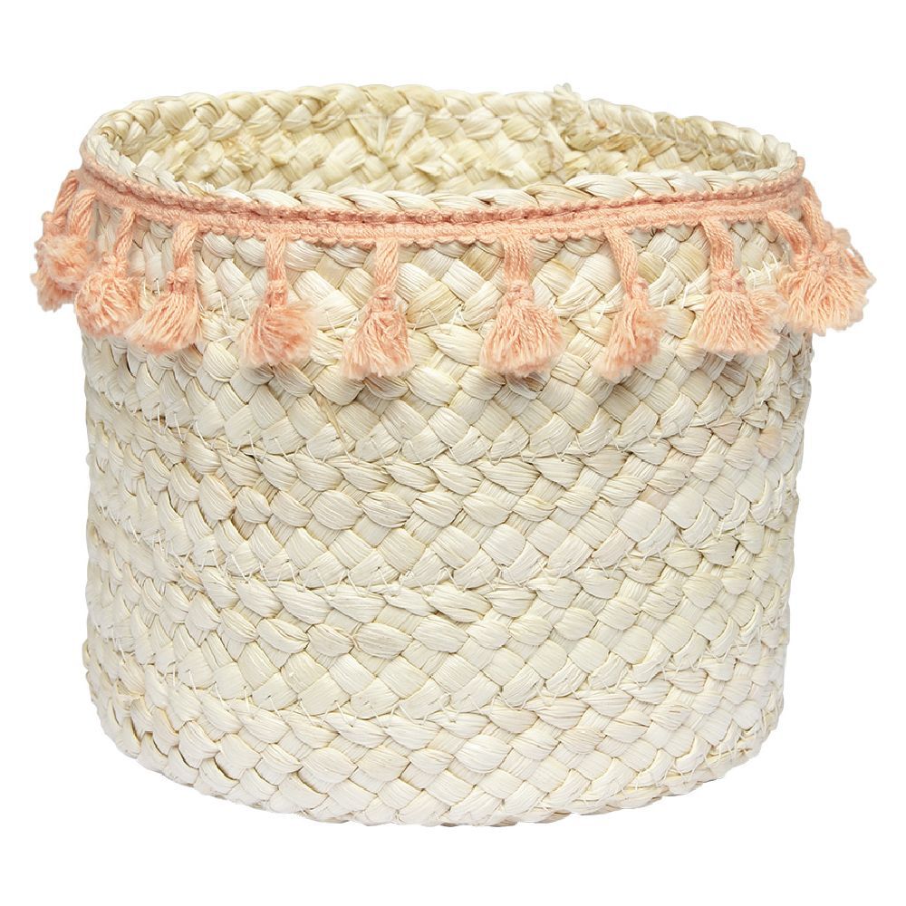 Panière ronde en jonc naturel avec pompons orange Ø19 cm