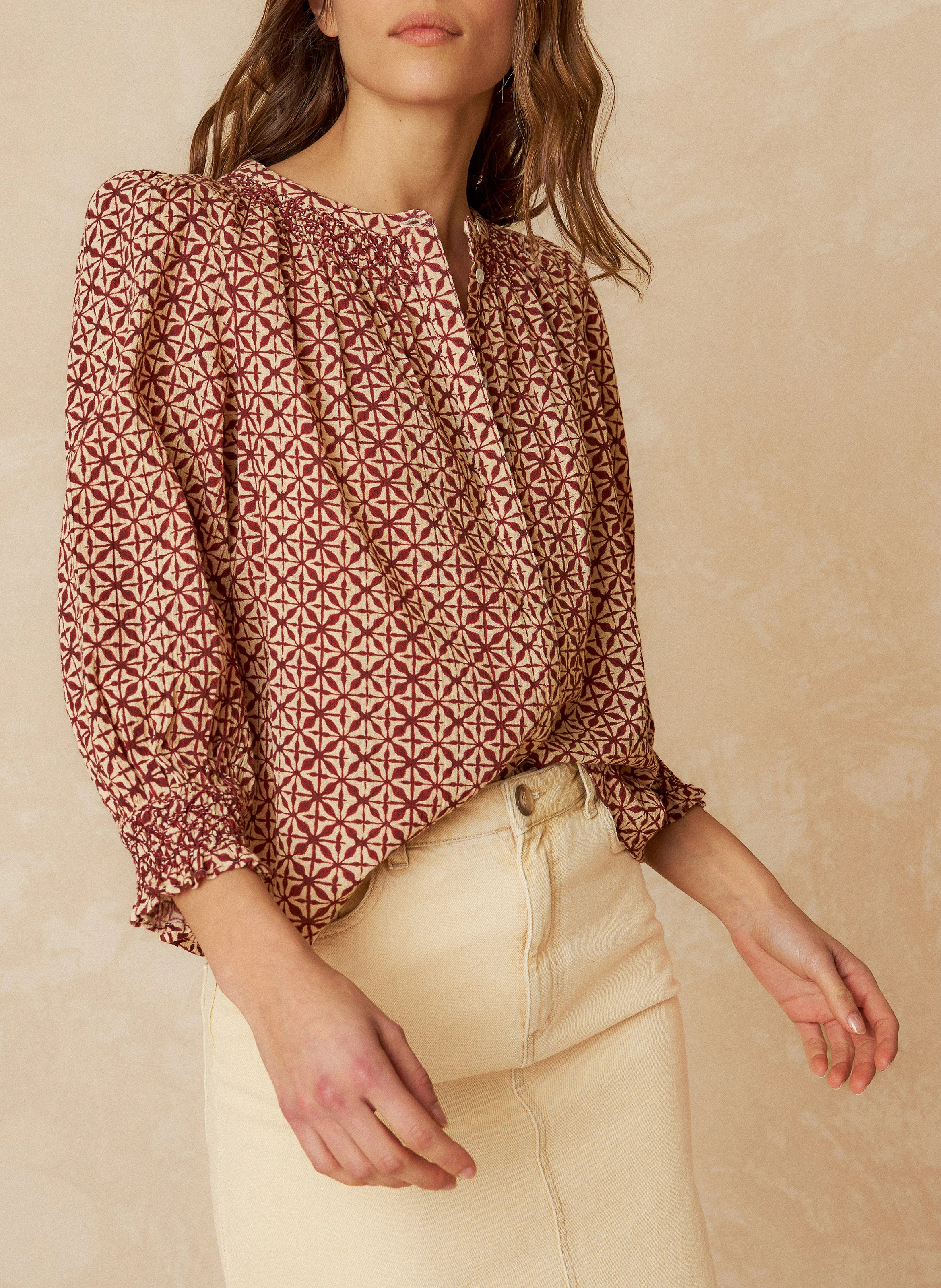 Chemise ample col rond imprimée en coton bio | Rouge