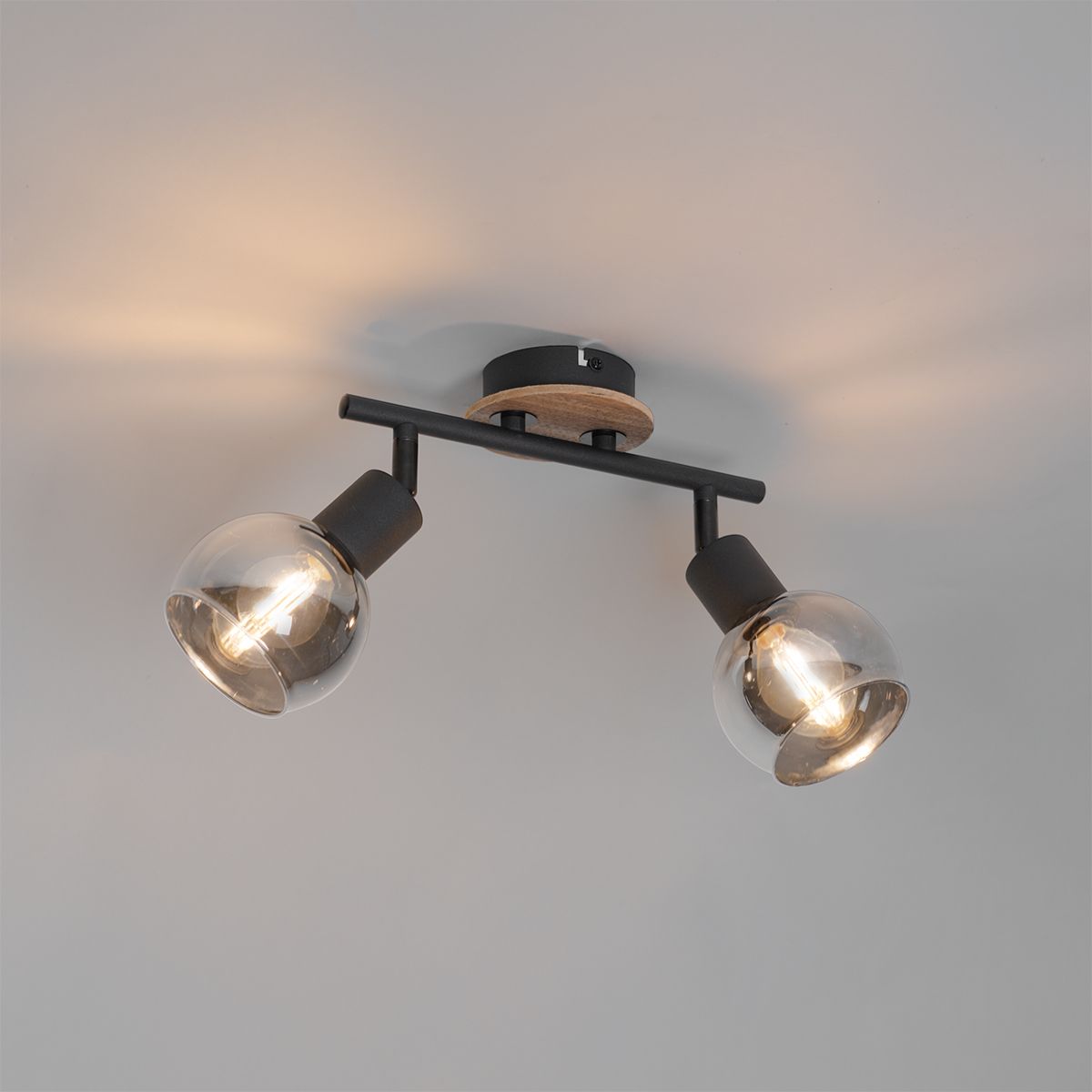 Plafondlamp zwart met smoke glas en hout 2-lichts - Vidro