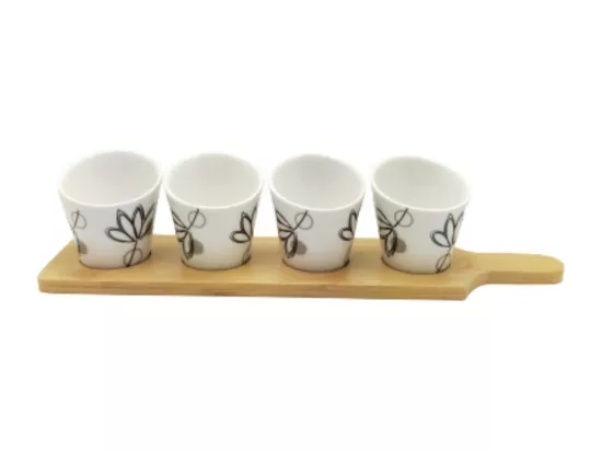 ~ Set apéritif tapas 4 verrines en bambou et céramique blanc et marron 34.5 x 8 cm