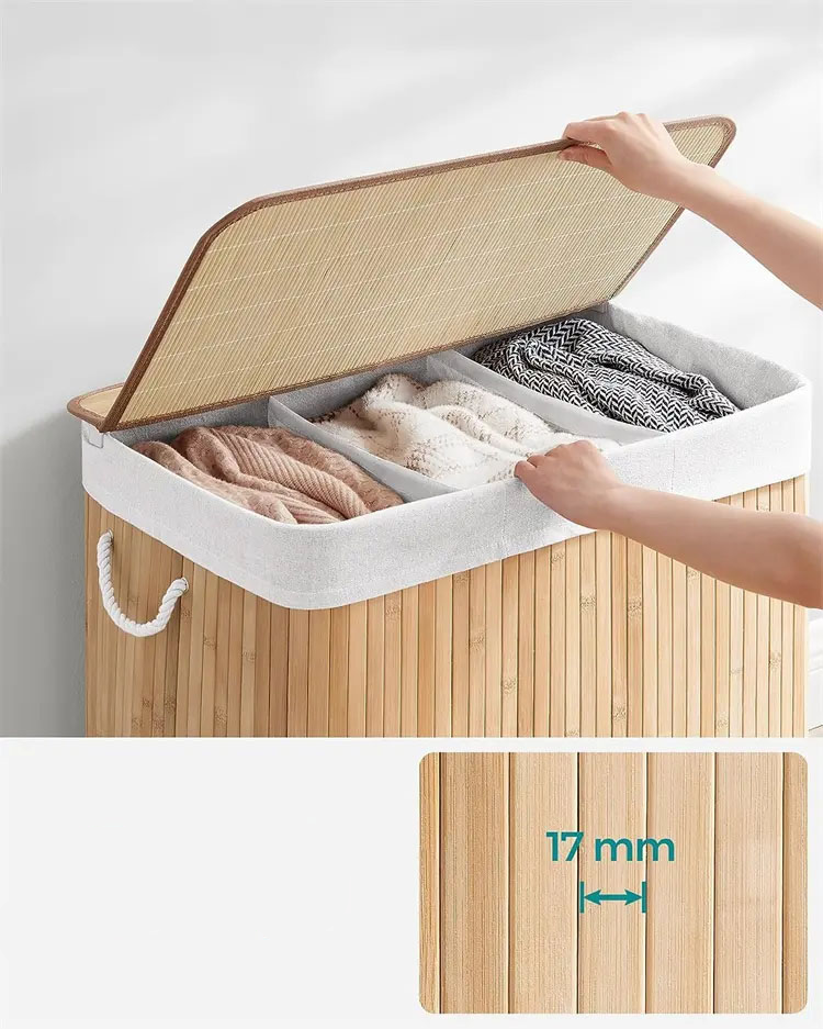 (61x61cm) 3-fach Bambus Wäschekorb Badezimmer Deko Kleider Sammler mit Deckel   Griffe - Braun / Weiss