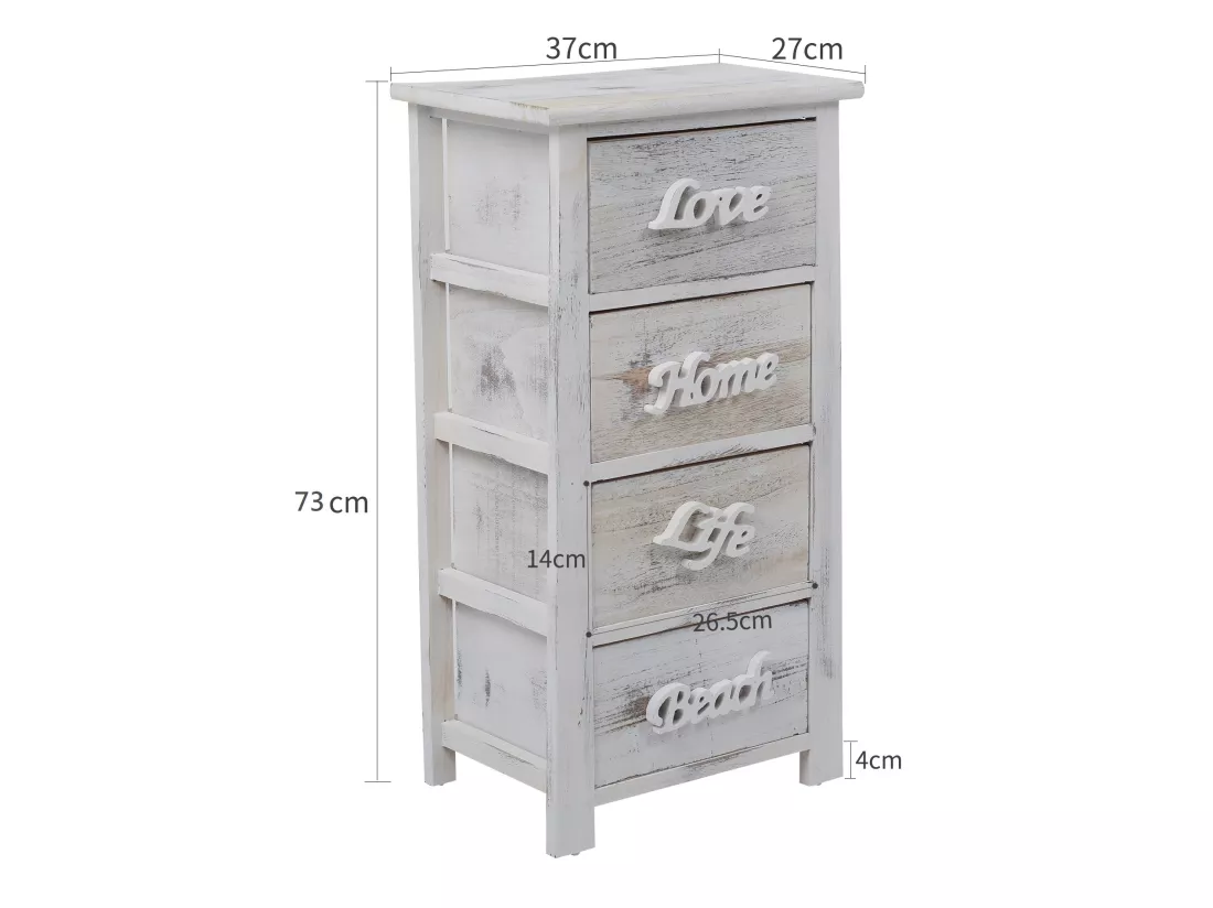 Chiffonnier Meuble 4 Tiroirs Bois Blanc Shabby 73x37x27