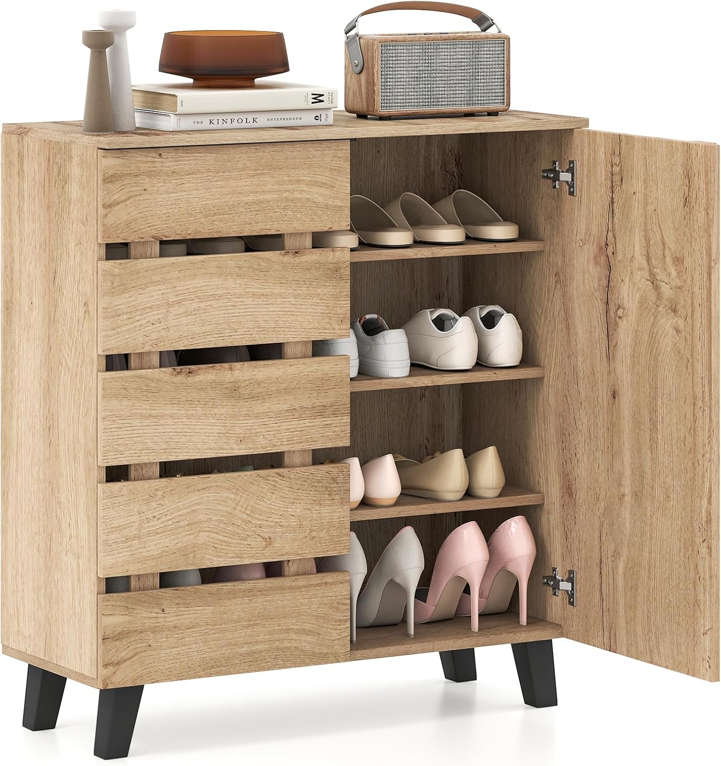 COSTWAY Meuble a Chaussure à 4 Niveaux, 3 Étagères Amovibles et Portes, Meuble Chaussure Entree 16 Paires, Pieds Surélevés, Dispositif Anti-Basculement, Meuble de Rangement pour Entrée Salon, Naturel II8340796