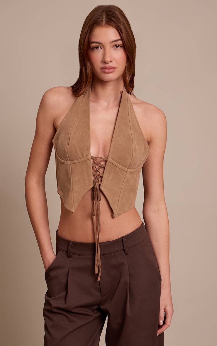 Marron Top Col Licou Plongeant À Lacets En Synthétique