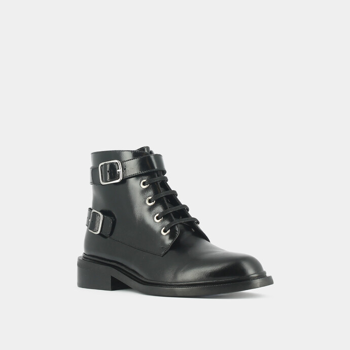 Boots à lacets et boucles argentées  en cuir noir