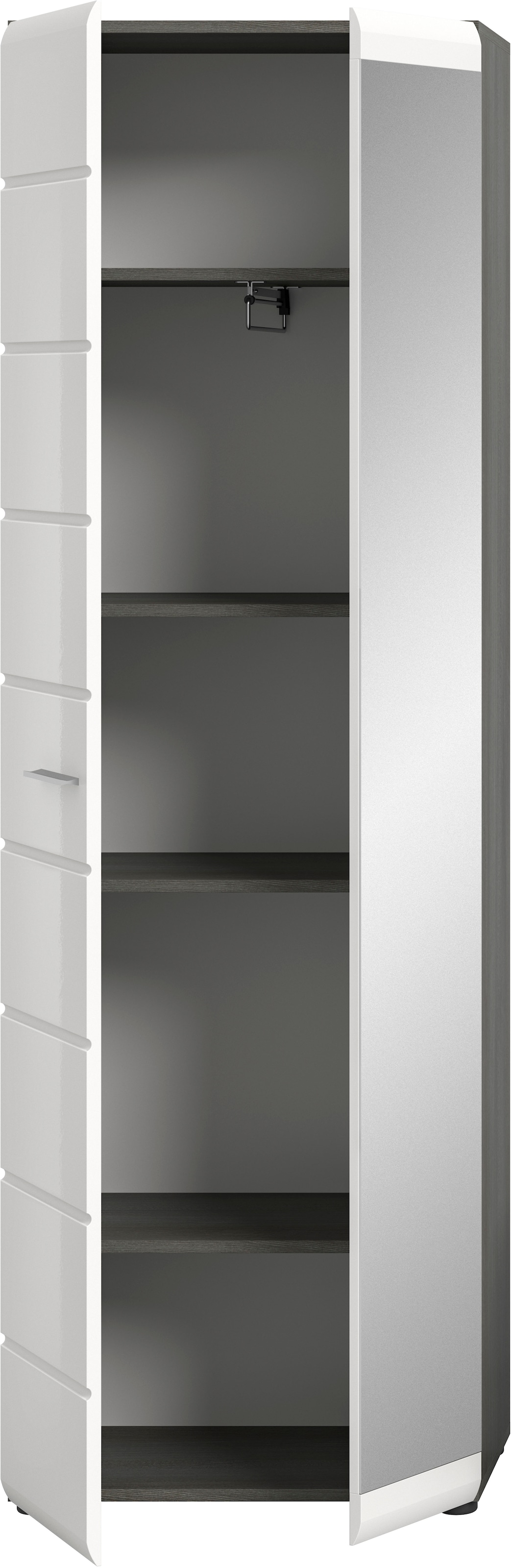 INOSIGN Garderobenschrank »Rumba, Höhe 192 cm, 1 Hochglanz Tür, 1 Spiegeltür, 4 Einlegeböden,« 1 Kleiderstange, Stauraumschrank, Flurschrank, Flurmöbel