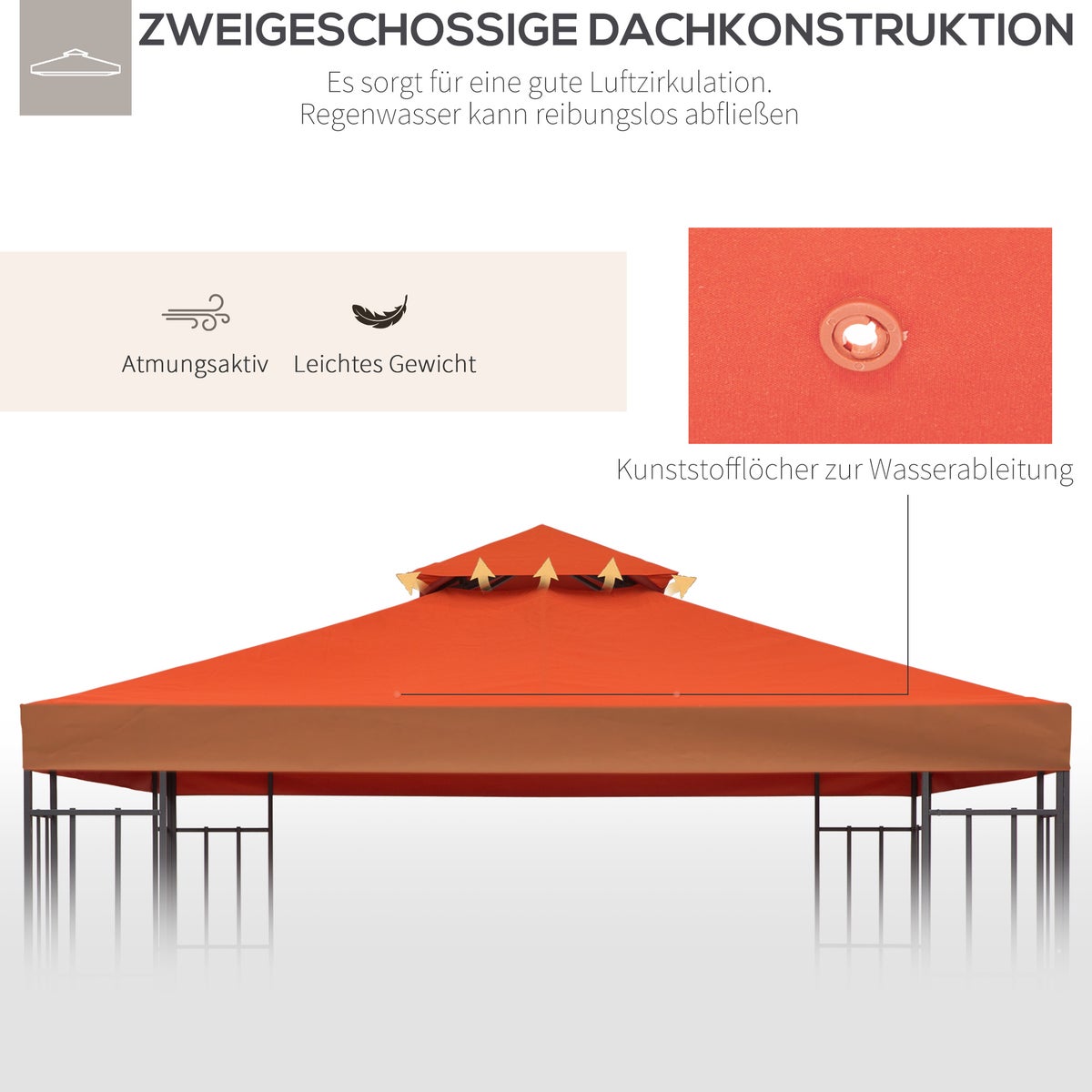 Outsunny vervangingsdak, prieeldak voor metalen prieel, 3x3m, polyester, roestrood