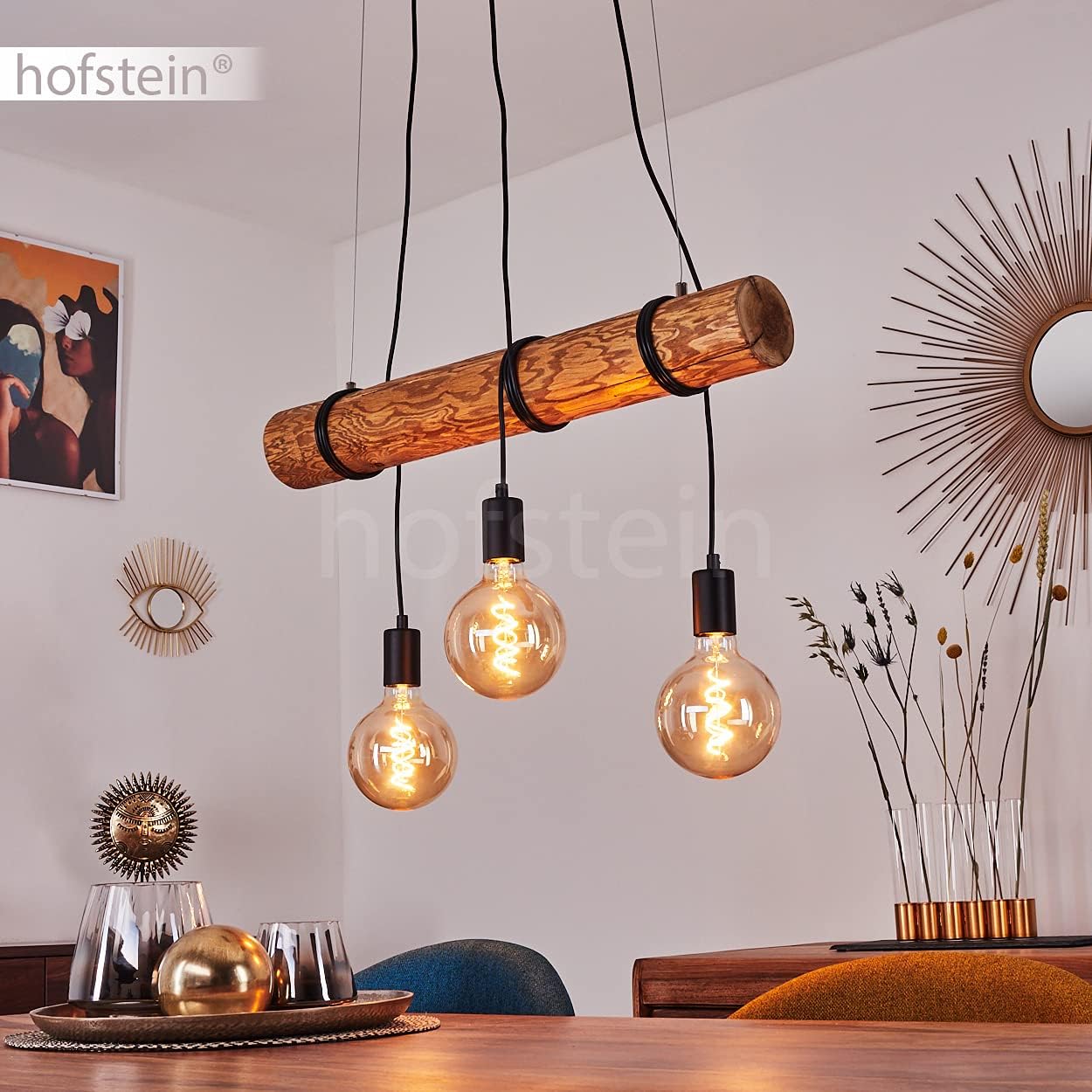 Pendelleuchte Canedo, 3-flammige Hängelampe aus Metall/Holz in Schwarz/Braun im skandinavischen Design, Hängeleuchte mit Holzstab und Fassungen aus Metall, 3 x E27, ohne Leuchtmittel