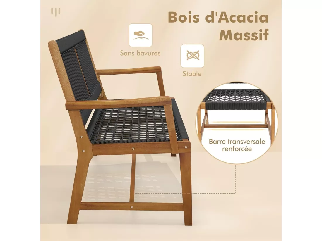 Chaises de Jardin Extérieur Lot de 2 en Bois d’Acacia, Chaise de Salle à Manger en Corde avec Accoudoirs, Fauteuil Jardin Extérieur Intérieur pour Terrasse Patio Cour Cuisine, Charge 160 KG