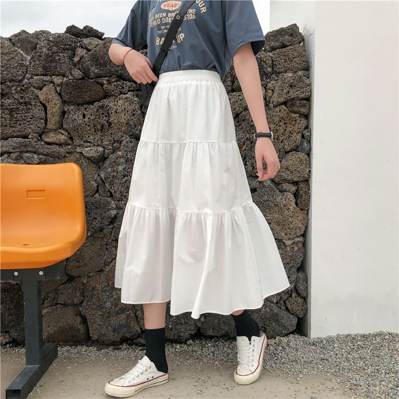 Honey River - Effen midi-A-lijn rok met elastische taille