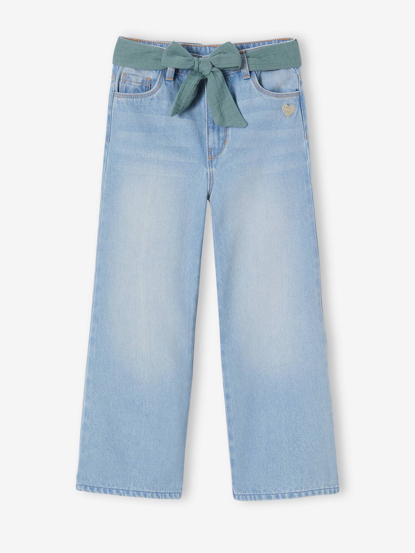 Calça jeans de pernas largas até o tornozelo com cinto de chiffon de algodão para uma mulher de estatura alta.