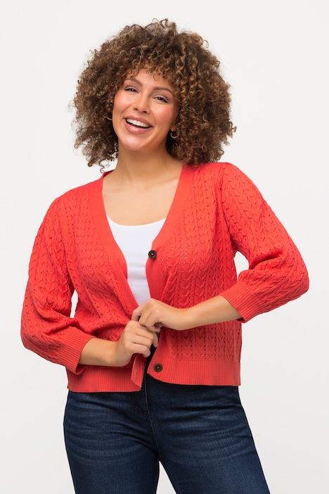 Strickjacke, Zopf-/Ajourmuster, V-Ausschnitt, 3/4-Arm