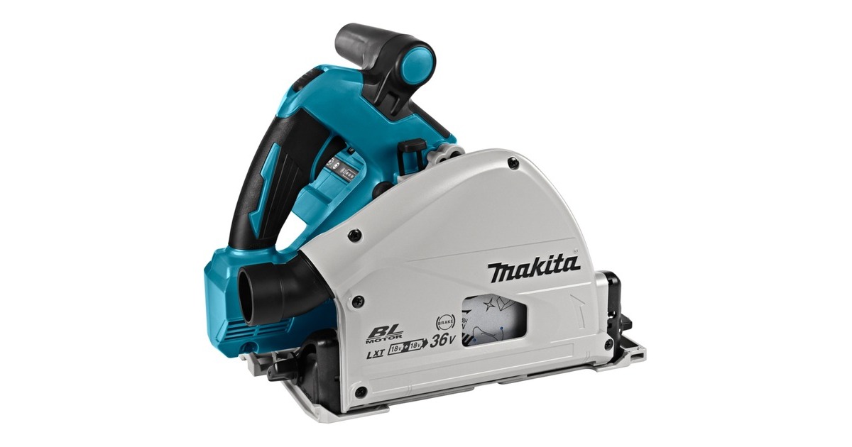 Makita2x18 V Invalcirkelzaag 165 mm DSP600ZJ2 handcirkelzaag  (Accu en oplader niet inbegrepen, in Mbox, met geleiderail 1500 mm (1 st) en tas)