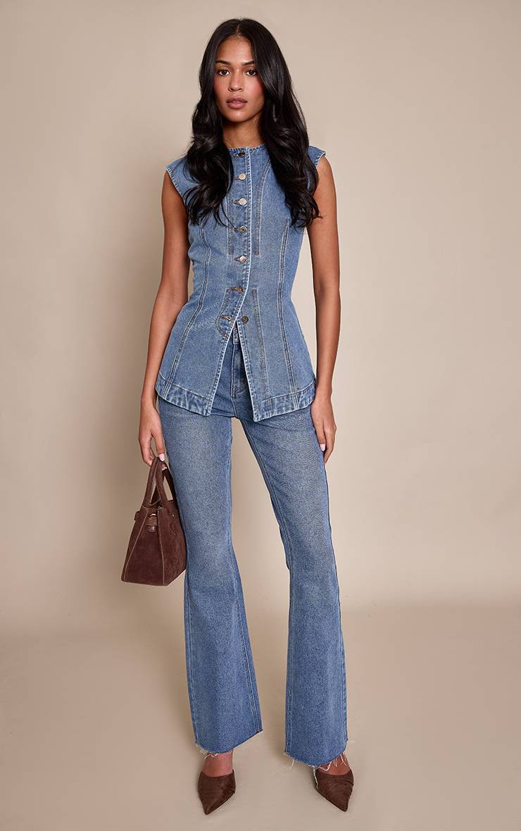 Mid Blue Wash Haut En Denim Sans Manches Long Pour Grande Taille