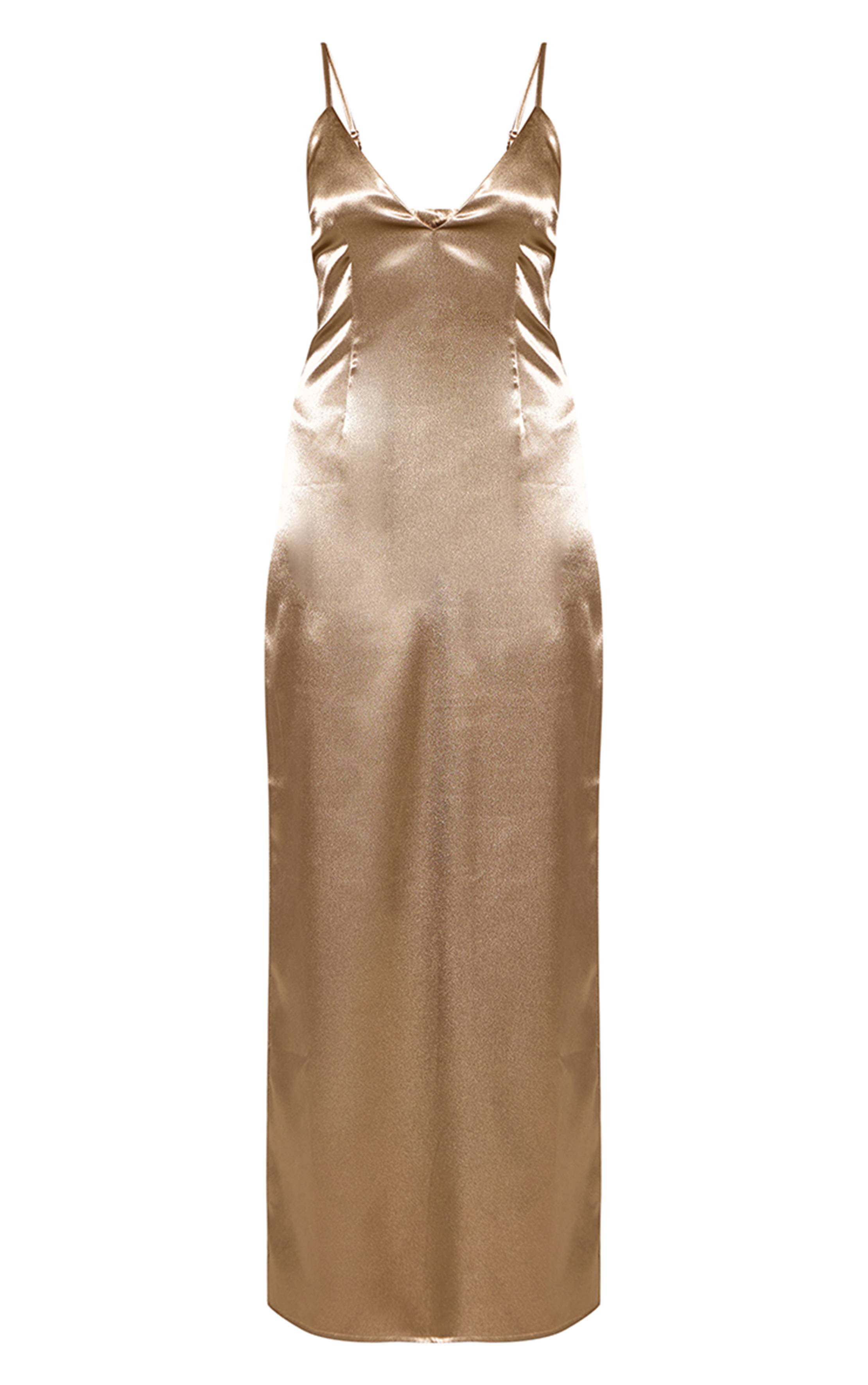 Doré Robe Longue Satinée À Bretelles Et Décolleté Plongeant