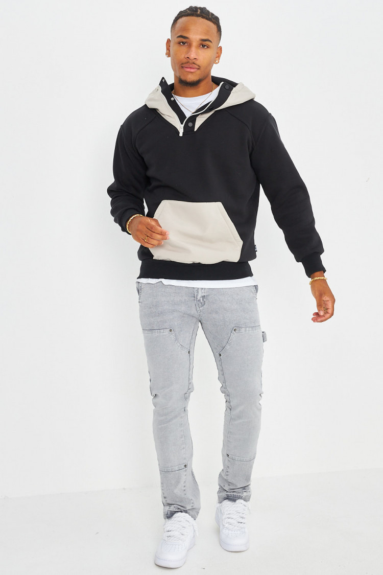 Sweat bicolor noir et gris à capuche