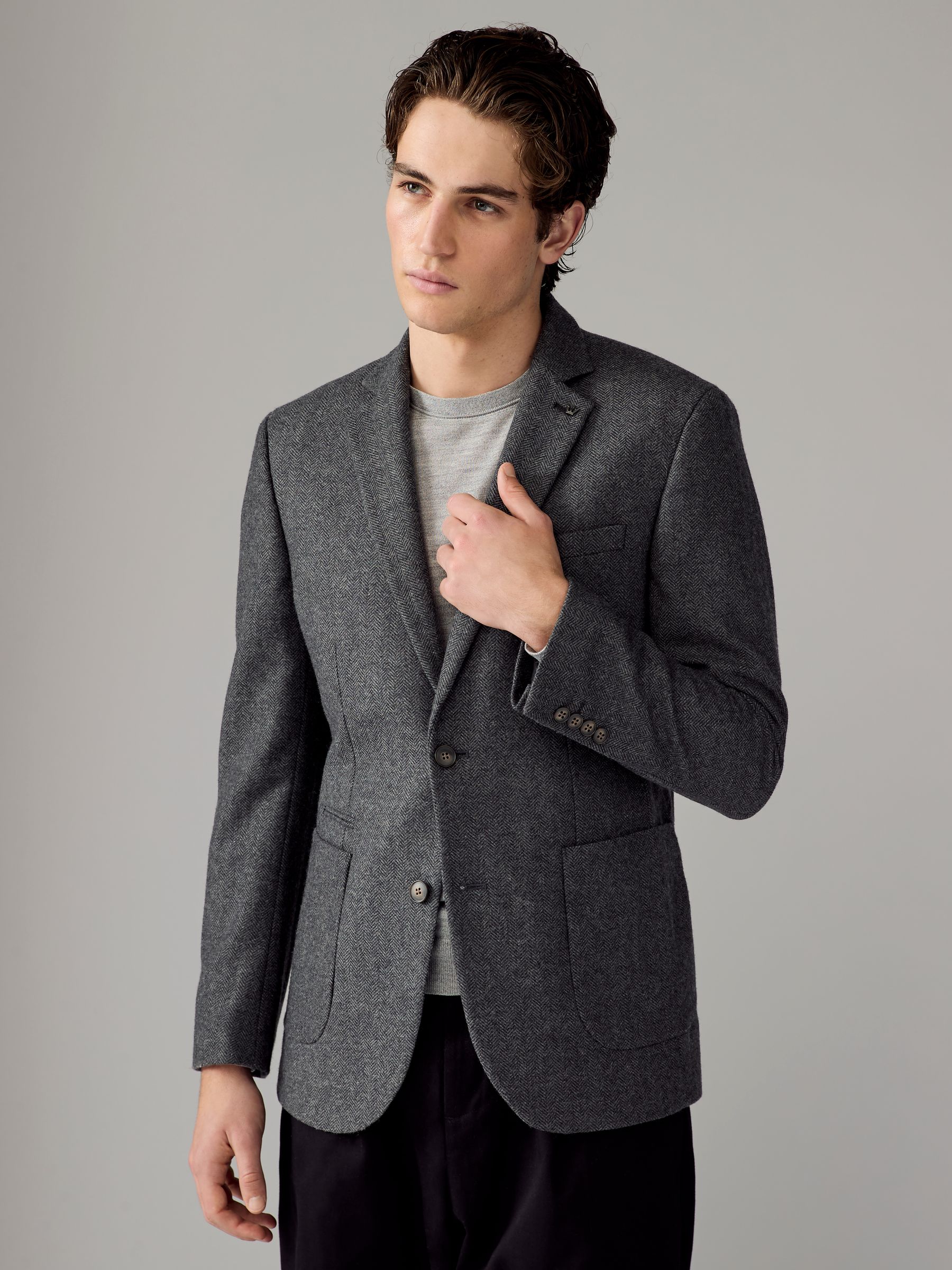 Antraciet - Slim Fit - Blazer met visgraatmotief en hoog wolgehalte