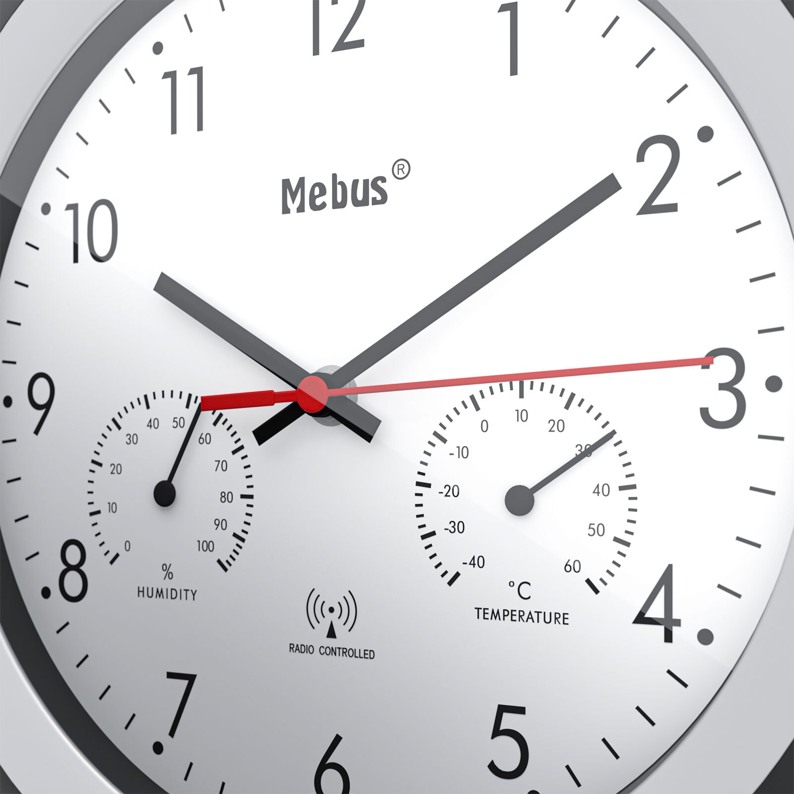 Mebus Funk-Wanduhr mit Thermo- und Hygrometer 30 cm schwarz/silberfarbig