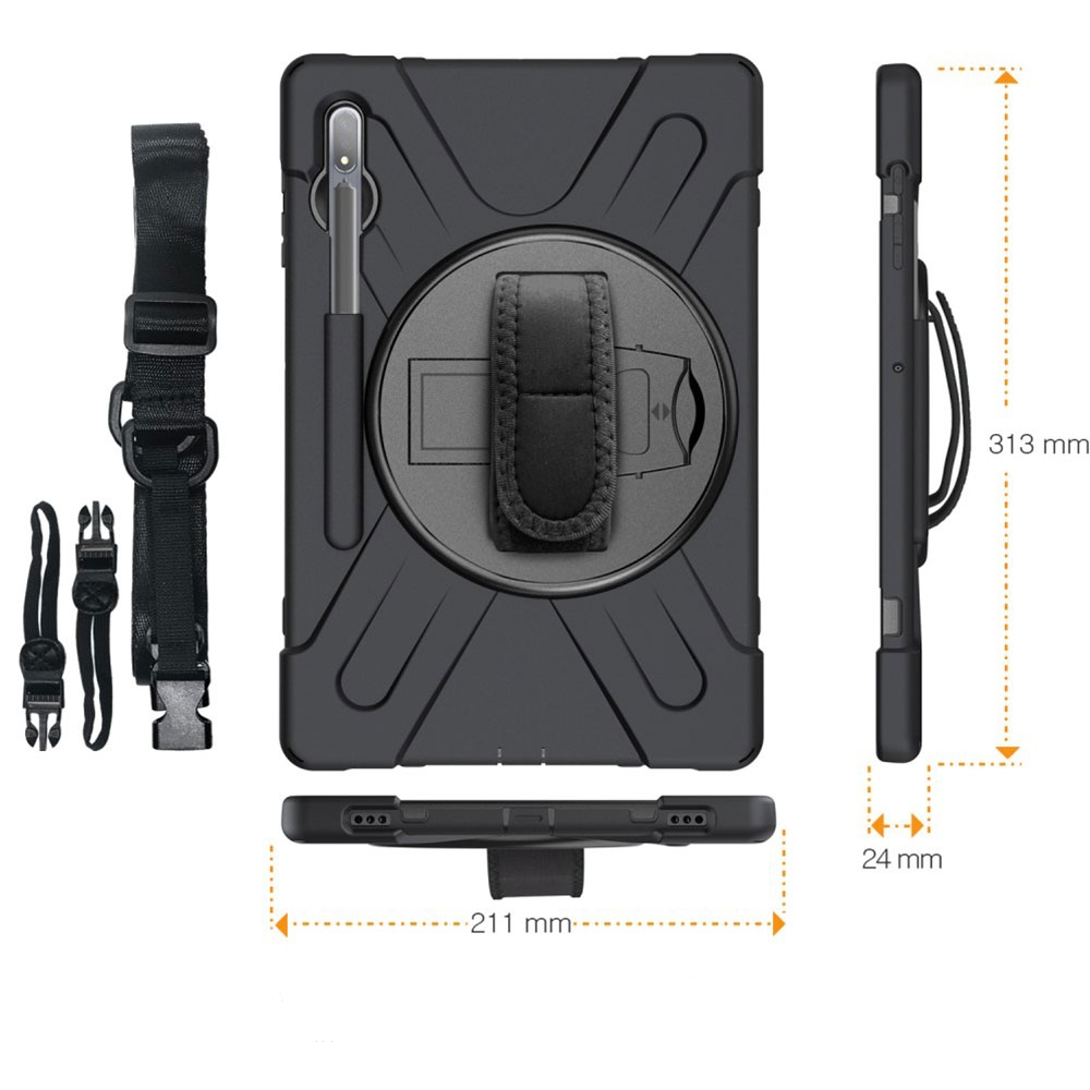 Samsung Galaxy Tab S8  Plus / Tab S7  Plus Hybrid Outdoor Silikon Case Hülle mit Aufsteller Handschlaufe Schultergurt   S-Pen Halterung - Schwarz