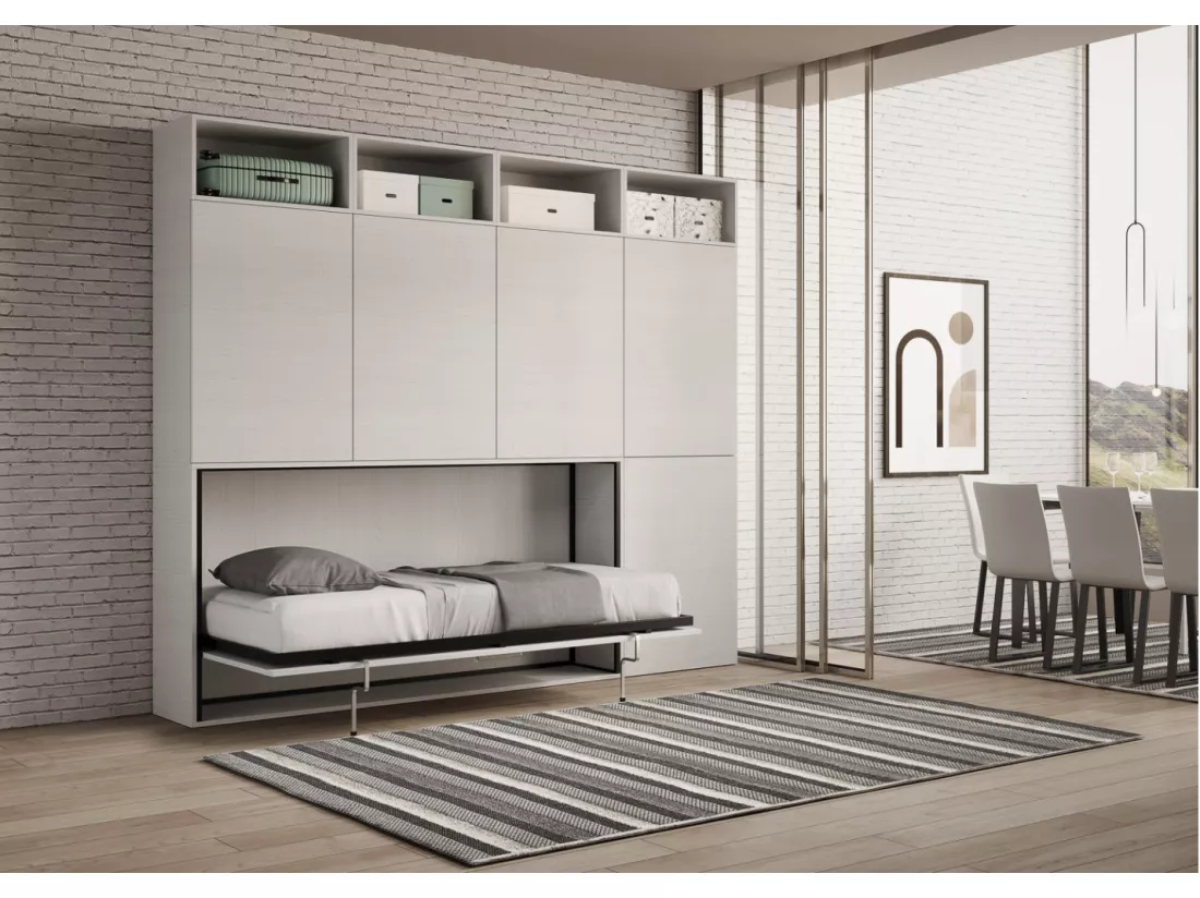 Lit escamotable horizontal blanc Bounto 85x185 avec rangement et bibliothèque composition B-