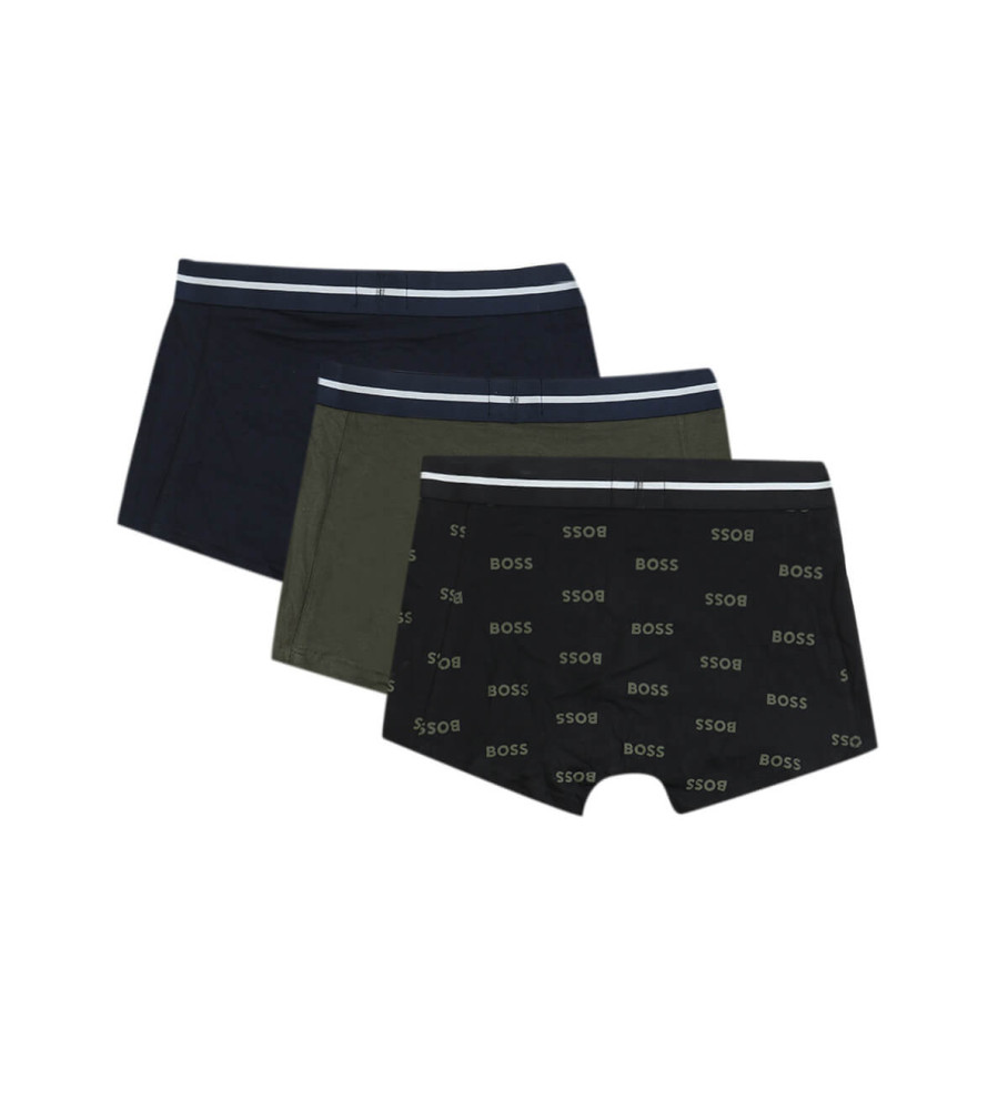 Pacote com 3 cuecas boxer BOSS nas cores azul marinho, verde e preto.