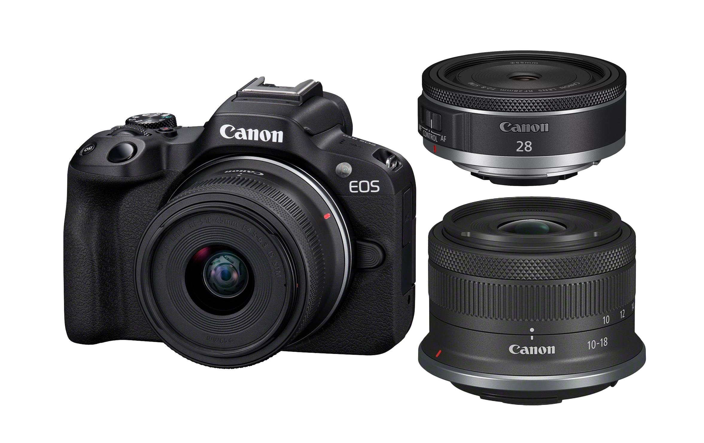 Fotokamera EOS R50 Kit RF-S 18-45, 10-18, 28<br>Perfekte Einstieg in die EOS R Reihe für aktive Content Creator inklusive drei Objektive