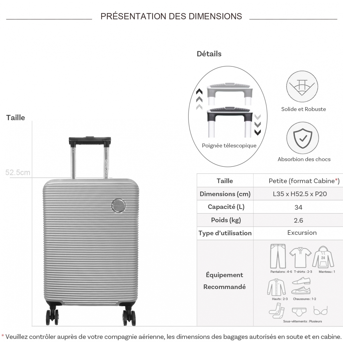 David Jones Valise cabine passe-partout rigide David Jones ABS TSA 52.50cm