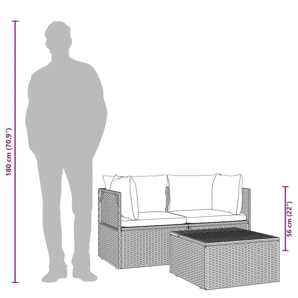 vidaXL - Loungeset - Grijs - Poly rattan - 3 stuks - Met kussens