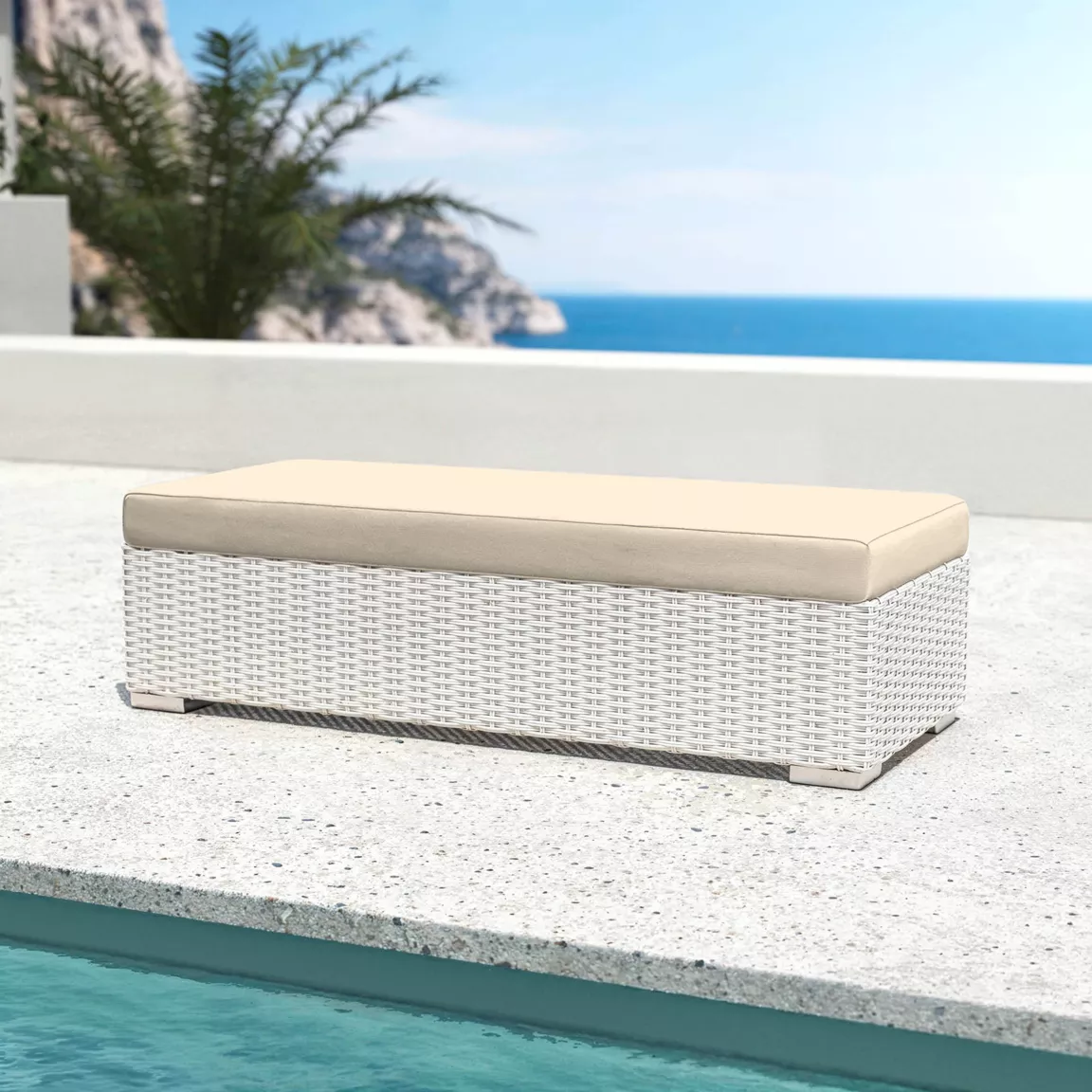 Banquette en résine tressée 2 places Palma Blanc et beige