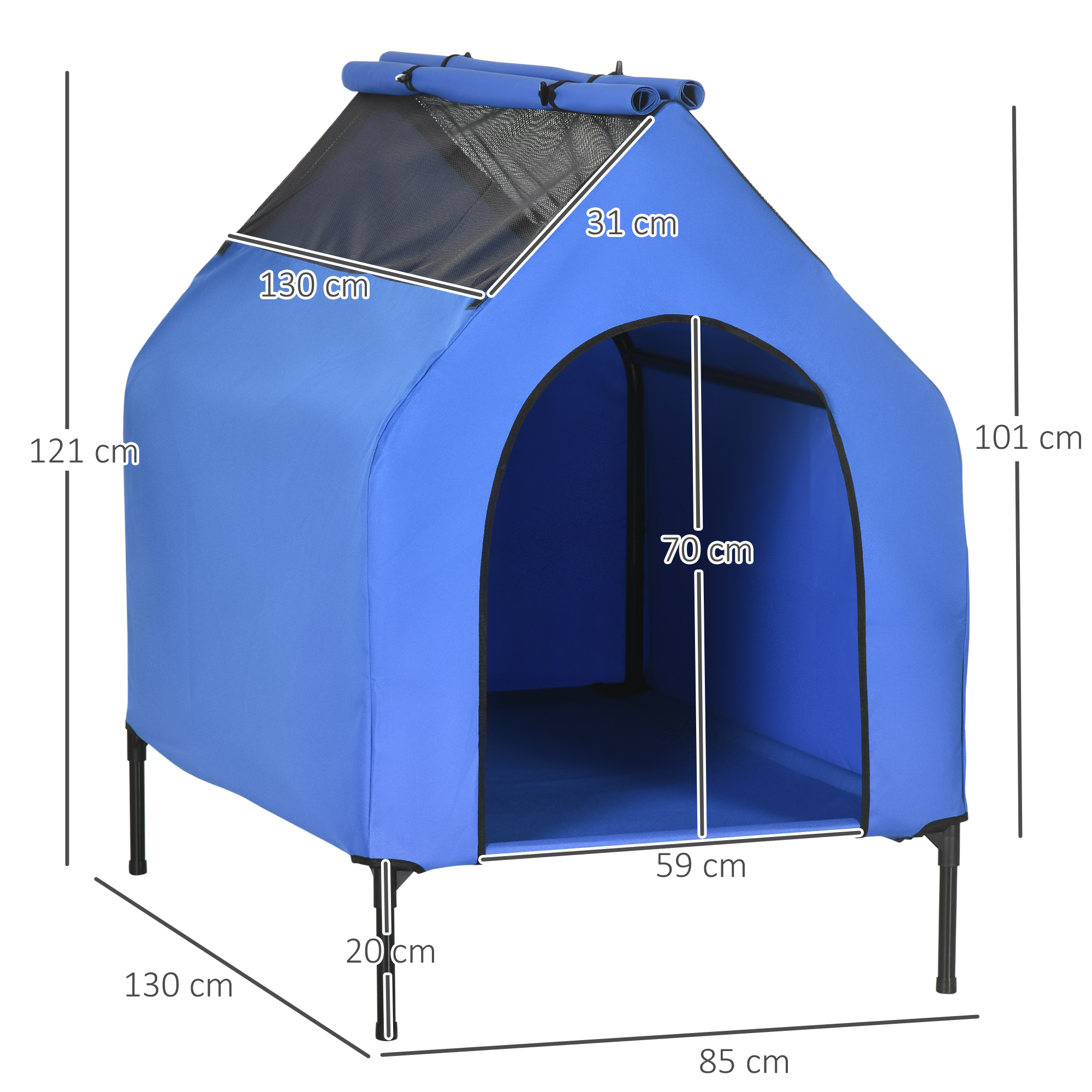 Casinha para cães PawHut, 110x76x110 cm, cama elevada para animais de estimação com capa removível e janelas de tela para cães de grande e extra grande porte, azul.