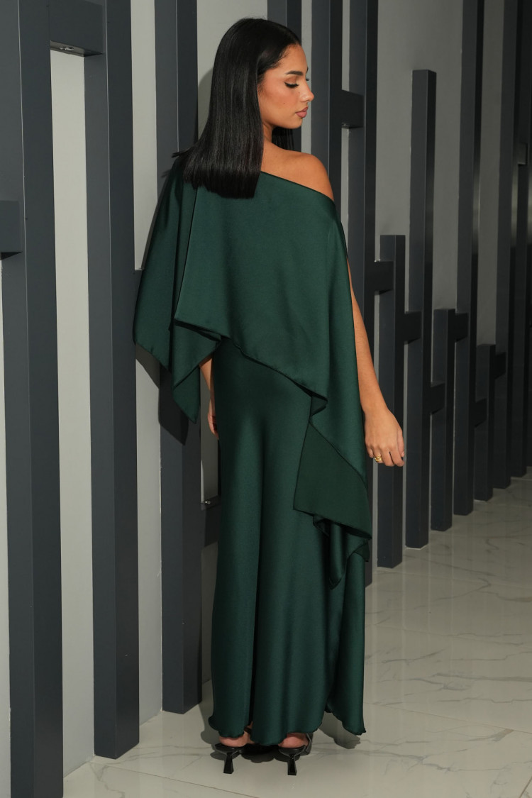 Robe 2 pièces bustier + poncho satiné vert foncé