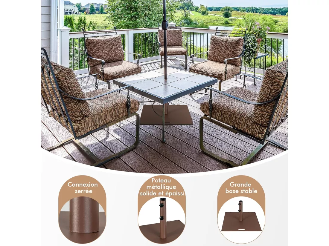 Pied de Parasol Carré de 60 CM, Base de Parasol 22,5 KG, Support de Parasol avec Adaptateurs 4/5cm et 2 Boutons de Serrage, 2 Roues Intégrées, Poignée de Transport, pour Patio, Jardin, Piscine