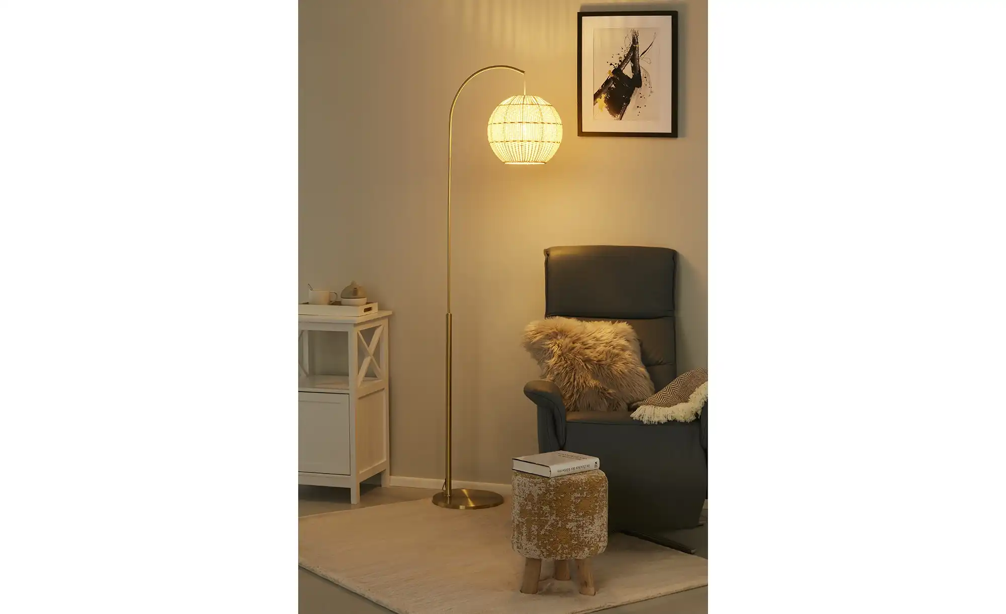 KHG Bogenleuchte, 1-flammig, messing/ Rattan-Schirm
