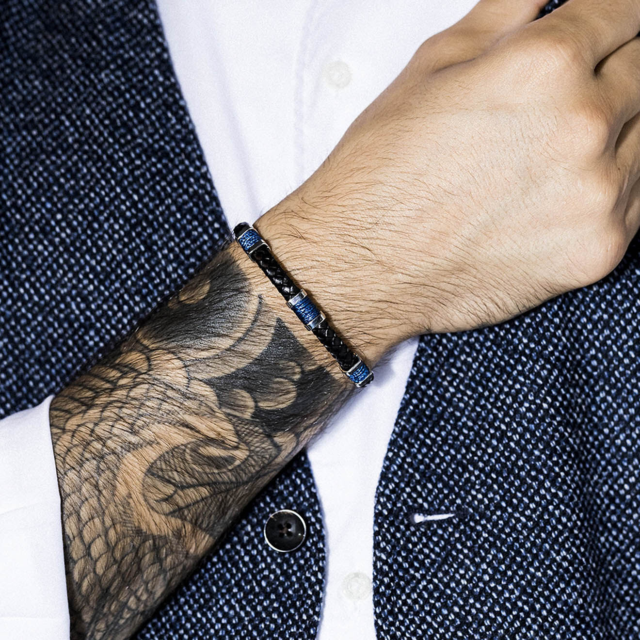 Jacobson Bracelet Black Eyes en Acier & Cuir bleu