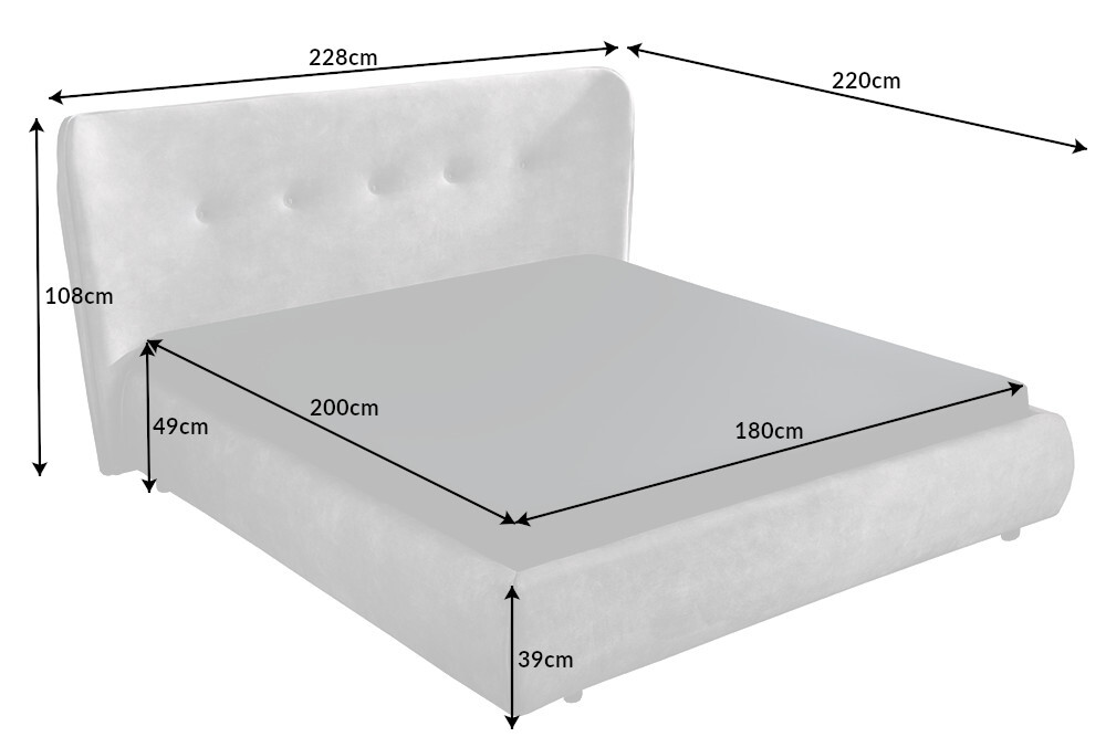 Retro Doppelbett FLORENZ 180x200cm grau Samt Kingsize Polsterbett