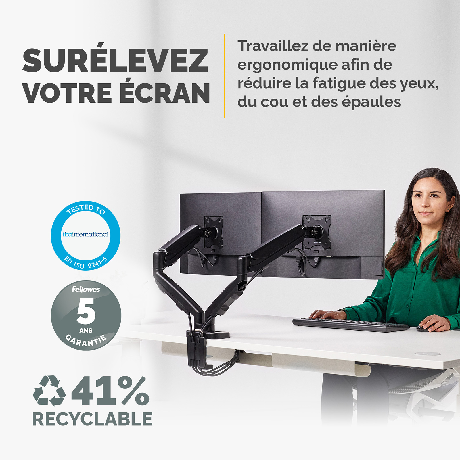 Fellowes Bras porte écran double EPPA Noir