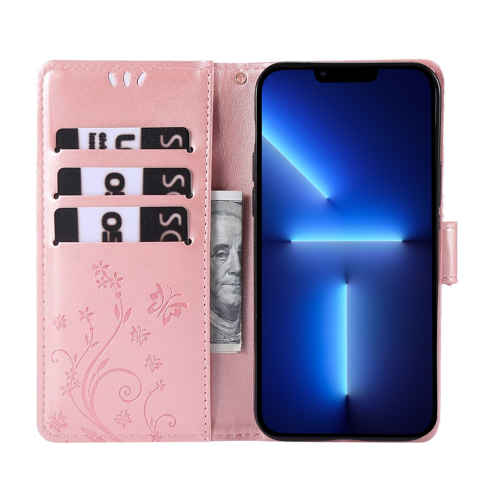 iPhone 13 Pro Leder Tasche mit Kartenfach   Handschlaufe Butterfly Flowers - Rosa
