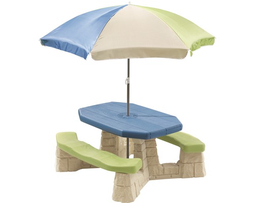 Kinderpicknicktafel Step2, kunststof met parasol, 109x104x52 cm, groenblauw