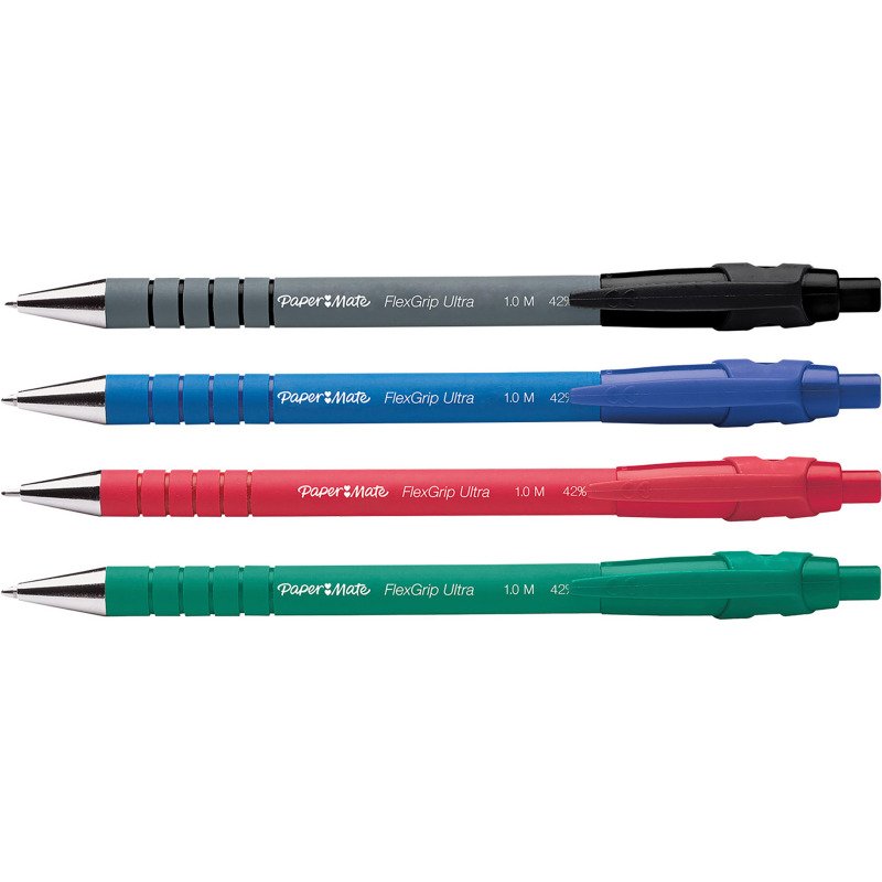 Stylo bille Paper Mate Flexgrip Ultra rétractable pointe moyenne 1mm - Blister de 4 couleurs assorties