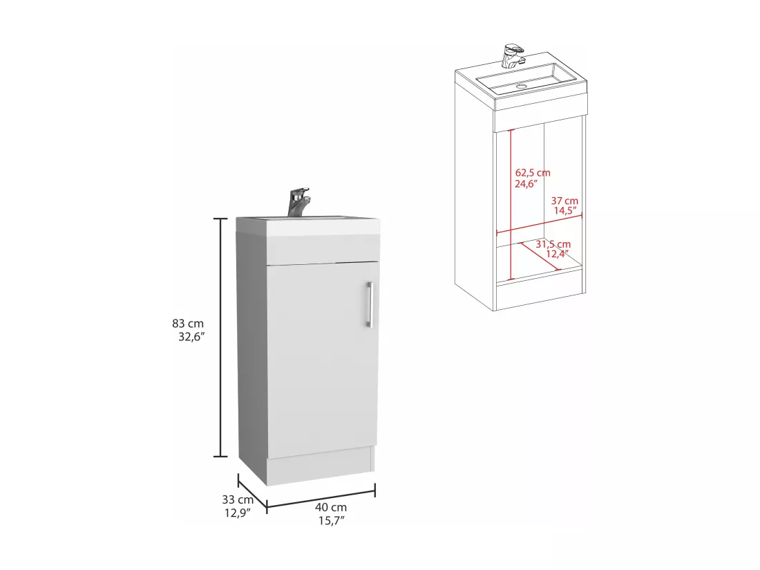 Meuble de salle de bain Madrid avec 1 porte et rangement inférieur, blanc, 83 cm X 40 cm X 33 cm