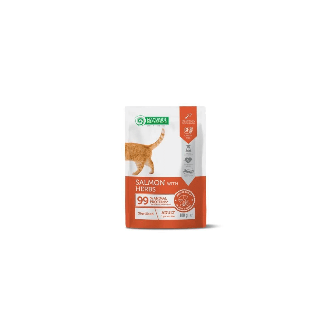 Sachê de 100g de Salmão com Ervas da Nature's Protection para Gatos Esterilizados