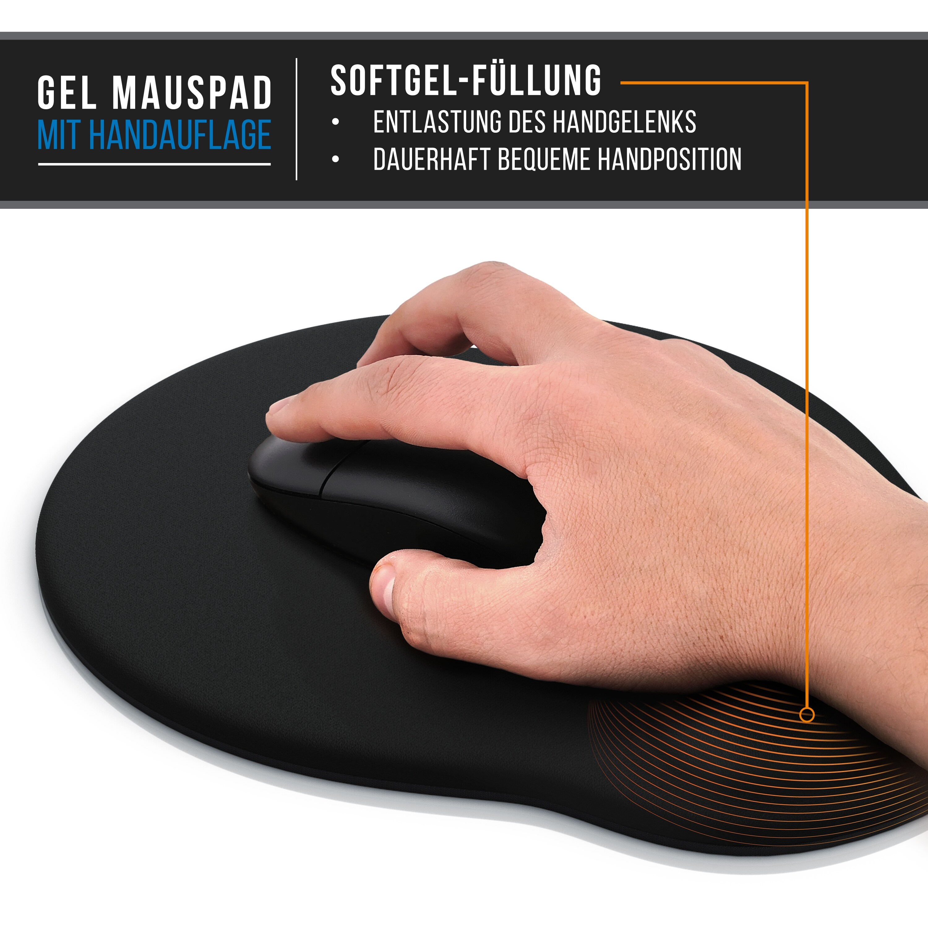 CSL Mauspad, Ergonomisches Schaumstoff Office Mousepad, Entlastung des Handgelenks, schwarz