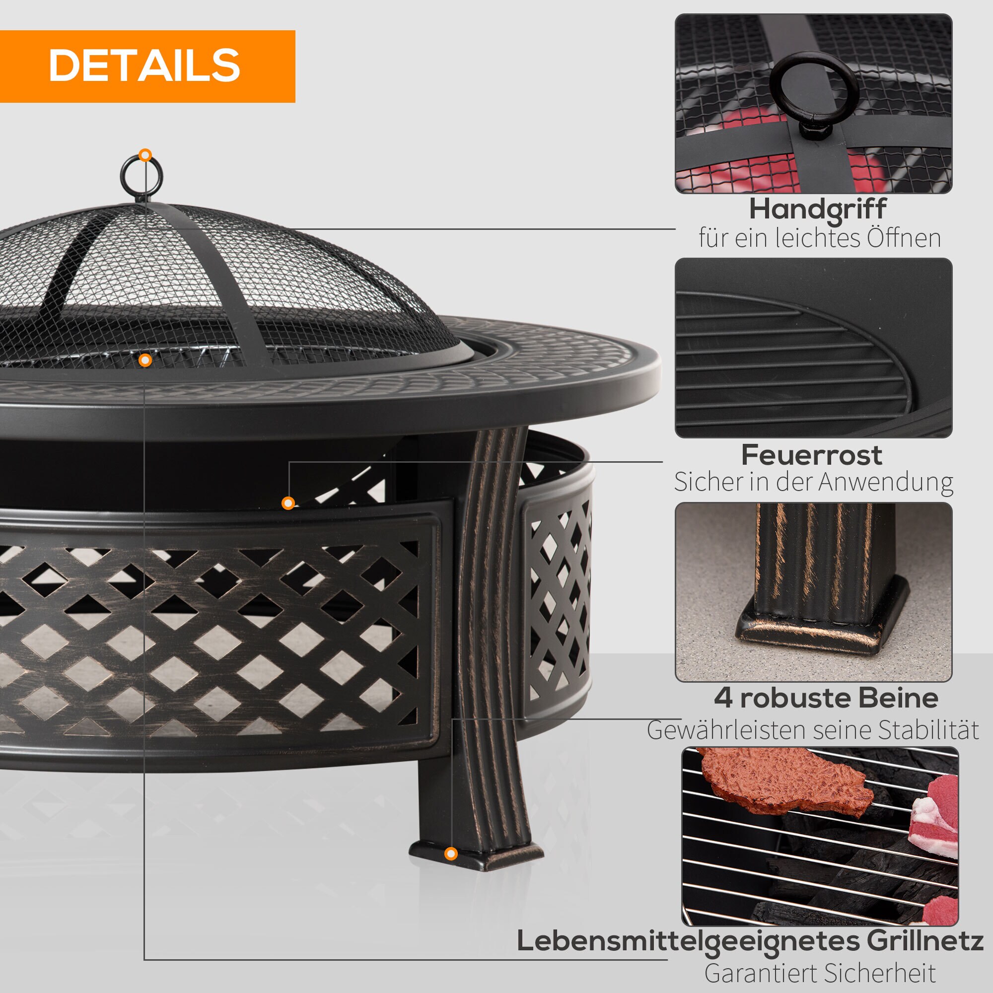 Outsunny Feuerschale mit 2 in 1 Funktion auch als Grill verwendbar schwarz 81L x 81B x 50H cm