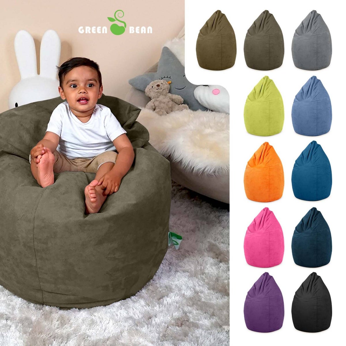 Green Bean Zitzak met rugleuning 60x60x90cm - Binnenzitkussen 220L vulling, comfortabel, wasbaar - Zitzak vloerkussen, loungestoel, voetenbank - Khaki
