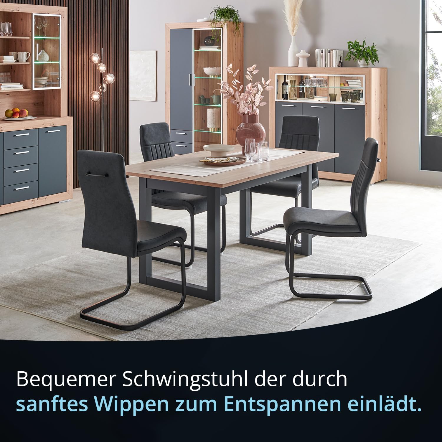 KHG 4er Set Esszimmerstühle Schwingstuhl Polsterstuhl Küchenstuhl Kunstleder Anthrazit - Design Stuhl Sitzhöhe 48 cm - Freischwinger mit Griff, für Esszimmer, Büro, Küche